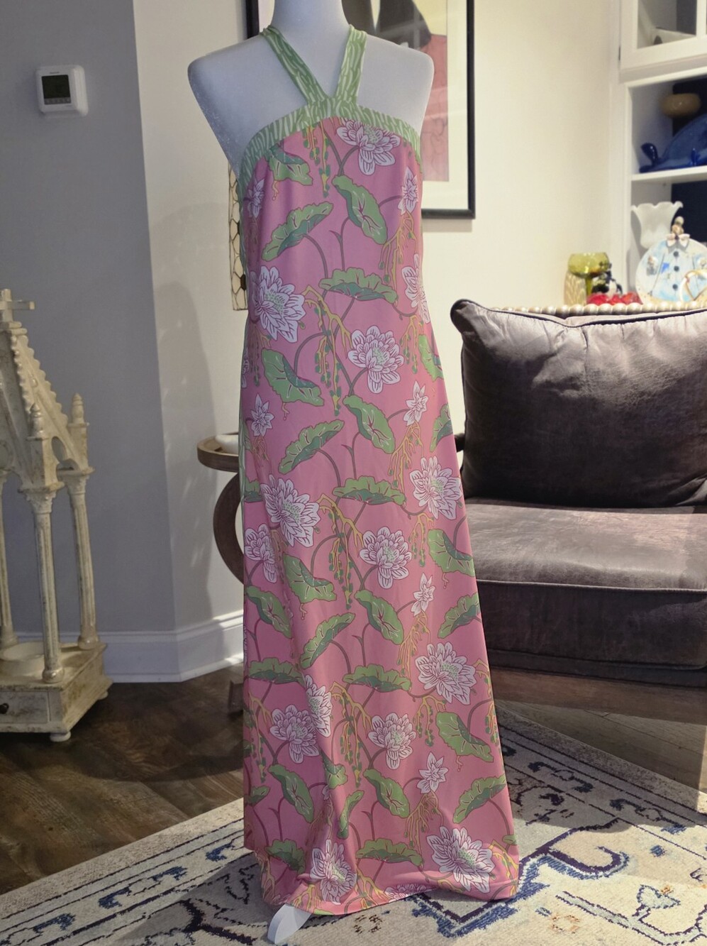 Gretchen Scott Pink Floral Halter Maxi with Green Leaf Print